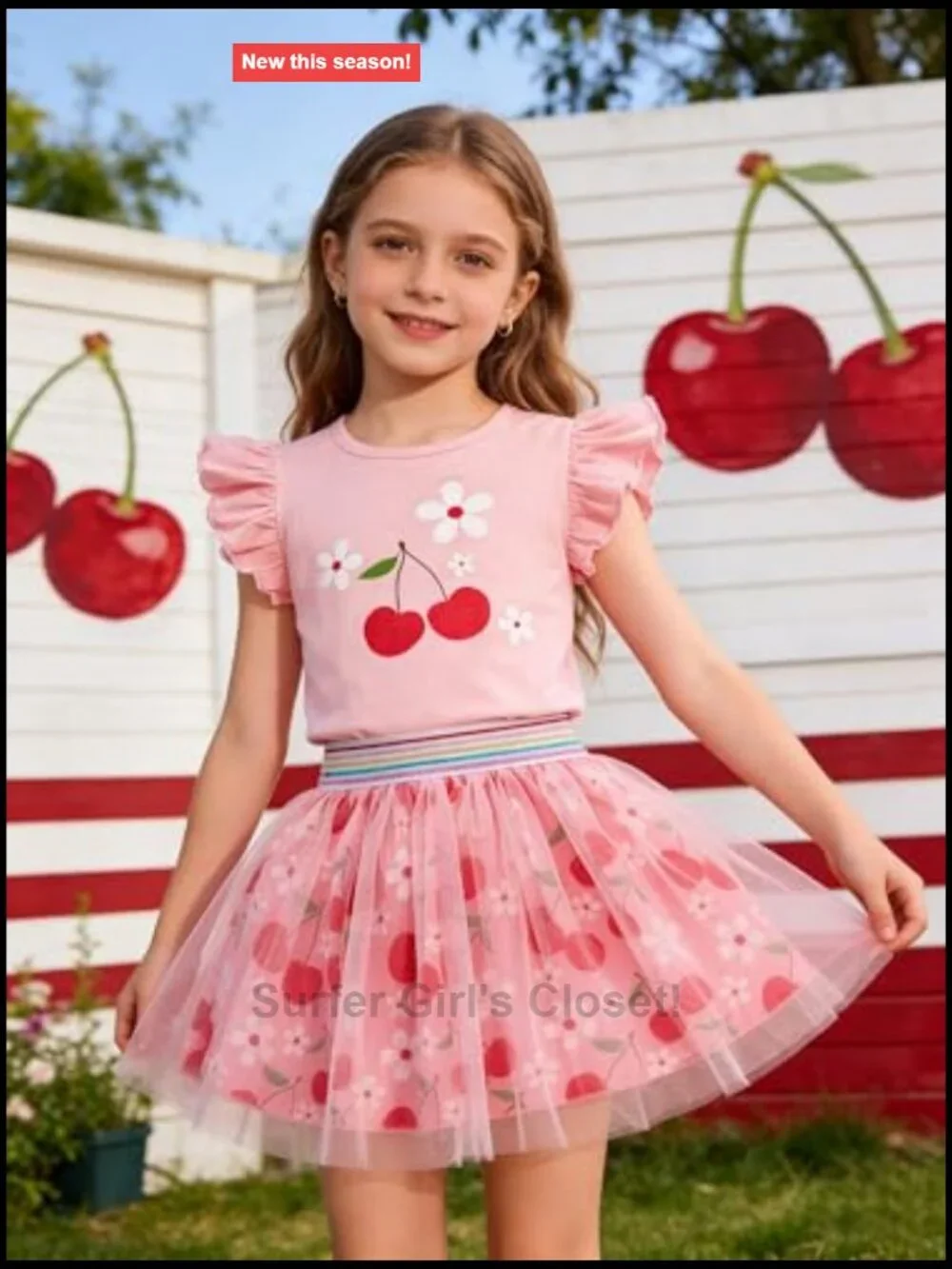 Girls Tulle Skirt Set Two Piece Ruffle Sleeve Tutu Dress Summer Birthday Outfit